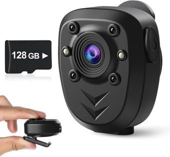 Mini Body Camera Video Recorder Built-in 128GB Memory Card with Night Vision IR & Loop Record HD 1080P, 4-6 HR Battery Life Wearable Police Cam for Home, Outdoor, Law Enforcement, Security Guard