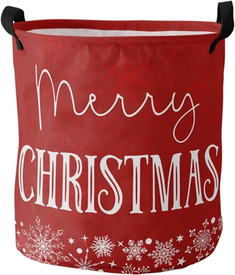 Merry Christmas Laundry Basket, Collapsible Bag with Easy Carry Handles, Small Waterproof Foldable Freestanding Hamper, Folding Washing Bin Clothes Storage Round Red Winter Snowflakes Star Dot