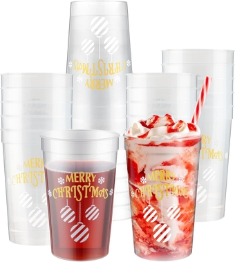 24 Pack Merry Christmas Plastic Cups 16oz Holiday Stadium Cups Reusable New Years Eve Cups Cocktail Tumbler Clear Plastic Cups for Merry Christmas New Year Party Decorations Supplies
