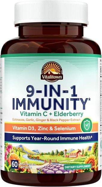 Immune Support Supplement, with Elderberry, Vitamin C, Zinc, D3 6000IU, Selenium, Ginger, Echinacea, Garlic & Black Pepper, 9-in-1 Immunity, 60 Caps