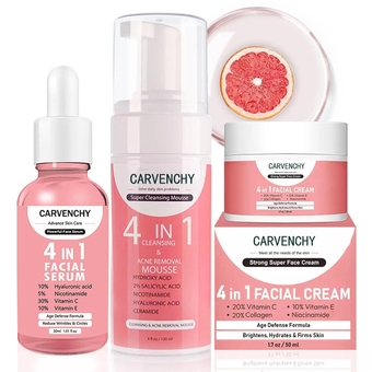 Vitamin C Skin Care Set, 3-In-1 Skincare Gift Set With Facial Cleanser Mousse, Face Serum & Face Cream, Anti-Aging Skin Care Kit With Hyaluronic Acid, Vitamin E, Vitamin C & Niacinamide 3PCS