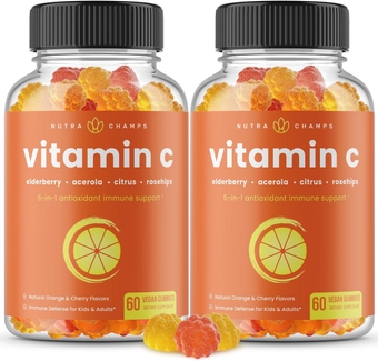 Vitamin C Gummies for Adults & Kids | 5-in-1 Immune System Support with Elderberry, Rosehips, Citrus Bioflavonoids & Acerola Cherry | Vegan VIT C Immunity Booster Supplement Chewable Gummy (2 Pack)