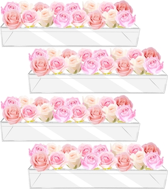 4Pcs Acrylic Flower Vase with 16 Holes,(15.8*4*2.4inch)Decorative Long Clear Vase Modern,Rectangular Acrylic Vases for Wedding Centerpiece Votives Box for Dining Table Reception Home Party Decorations