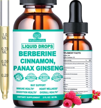 Organic Berberine Supplement with Ceylon Cinnamon, 1500mg Berberine Liquid Drops w/ Botanical Milk Thistle Panax Ginseng Resveratrol Grape Seed & Quercetin for Immune System & Digestive Health
