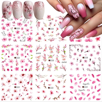 Flowers Nail Stickers Decals 12Sheets Pink Cherry Blossoms Nail Water Stickers for Nail Art Design Pink Leaves Tree Sliders Nail Decals Spring Flower Watermark Sliders Transfer Nail Decor Stickers