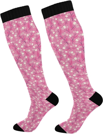 Bright Berries Leaves Pink Compression Socks for Women Men Breathable Cozy Crew Socks Soft Thigh High Socks for Running Cycling Athletic Nurse Travel Gift