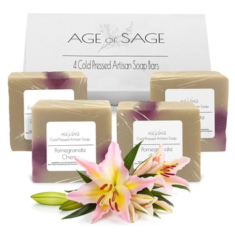 Handmade Natural Bar Soap Gift Set - 100% All Organic Vegan Bath Moisturizing Handmade Artisan Scented Cold Process Fragrant Soaps with Essential Oil - 4 Pack (Pomegranate Cherry)