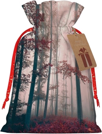 Autumn Theme, Christmas Drawstring Bags with Tag,Fall Nature and Woods Trees,Sacks Xmas Wrapping Storage Bags for Candy Goodie Holiday party Favors,Red Gray,M