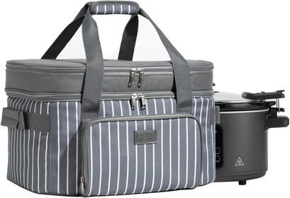 Fun Elements Double Layer Slow Cooker Bag for Most 6-8 Quart Oval CrockPot, Insulated Crock Pot Travel Bag with Support Pad and Adjustable Straps, Top Zip Compartment and Front Pocket for Utensils