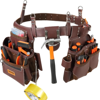 Tool Belt, 22 Pockets, Adjust from 29 Inches to 54 Inches, Premium PU Heavy Duty Tool Pouch Bag, Detachable Tool Bag for Electrician, Carpenter, Handyman, Woodworker, Construction, Framer, Brown