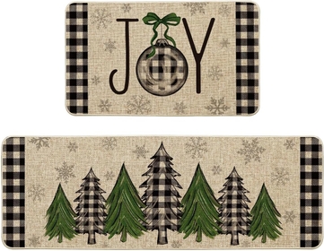 Buffalo Plaid Xmas Trees Joy Christmas Kitchen Mats Set of 2, Winter Home Decor Low-Profile Kitchen Rugs for Floor - 17x29 and 17x47 Inch