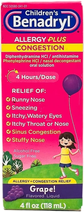 Childrens  Allergy Plus Congestion Grape Flavored Liquid 4 fl oz. Box - 24 per case.