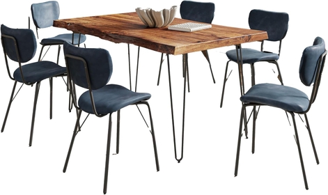 Nature's Edge Solid Wood 60" Seven Piece Modern Dining Set with Upholstered Faux Leather Chairs, Chestnut and Slate Blue