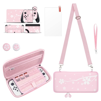 Cute Carrying Case for Nintendo Switch OLED, Portable Hard Shell Pouch Travel Storage Bag for Switch Protective Bag with 10 Game Card Slots, with 4 in 1 Bundle Accessories Pink Cherry Blossoms