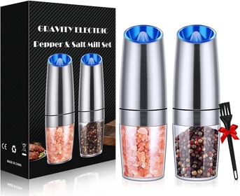Pepper Grinder Set,Gravity Electric Salt And Pepper Mill Grinder Set Stainless Steel Automatic Pepper Mill,Battery-Operated With Adjustable Coarseness,Blue LED Light,One Hand Operated(2 Pack)