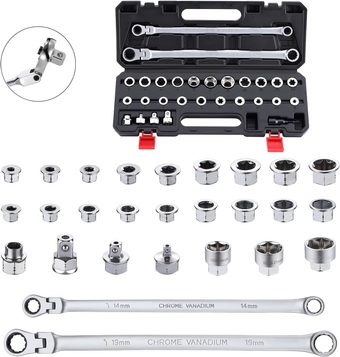27 PC Flex Head Ratcheting Wrench Set, Metric | 72-Tooth | 8-22mm | Extra Long Double Box End Ratchet Wrench Flex Head Wrench Set