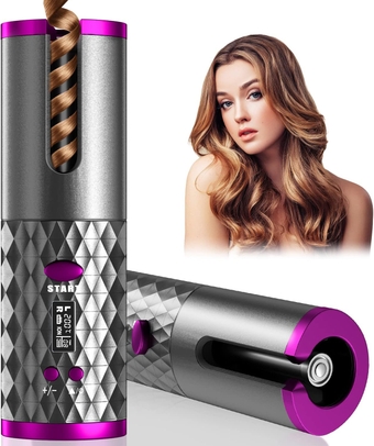 Automatic Curling Iron, Cordless Auto Hair Curler, Ceramic Rotating Hair Curler with 6 Temps & Timers, Portable Rechargeable Curling Wand, Auto Shut-Off, Fast Heating Iron for Styling Wadn