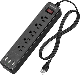 9.8ft Power Strip USB Surge Protector Mountable Extension Cord Multiple Protection 5 Outlet 3 USB Port with Hook & Loop Fastener for iPhone iPad PC Home Office Travel Black