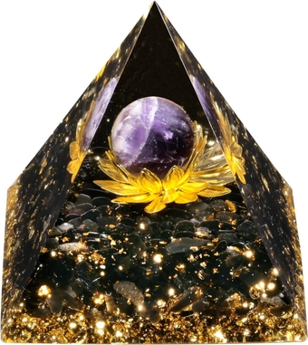 Orgone Pyramid Generator with Amethyst Crystal Sphere & Lotus Base, Energy Black Obsidan Stone Orgonite Decoration for Prayer, Meditation and Chakra Balancing