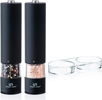 Bundle of Black Electric Salt & Pepper Grinder Set UN1 and Acrylic Salt and Pepper Mill Tray