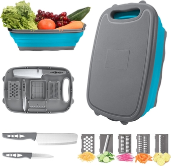 camping cutting board, Collapsible Chopping Board with Colander, 9-In-1 Multi Chopping Board Kitchen Vegetable Washing Basket for Camping,Camping Gifts Camping Accessories for RV Campers