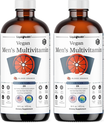 Vegan Men's Liquid Multivitamin with Ashwagandha Herbal Blend for Adult Men - Daily Performance Supplement to Support Stamina, Endurance, Blood Flow - Vegan, Non-GMO, Sugar Free (2 Pack)