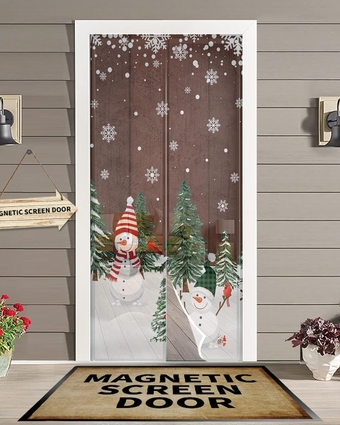 Magnetic Screen Doors Curtain,Snowman Xmas Winter Christmas Tree Summer Mesh Curtains Self Sealing,Snowflakes Farmhouse Wooden Door Screens with Magnets Windproof Door Cover for Kitchen Front 38x83in
