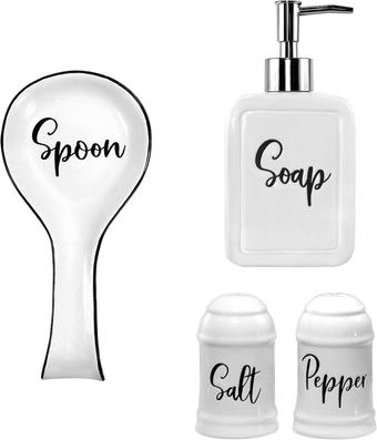 Farmhouse Kitchen Decor Ceramic Bundle-Spoon Rest-Salt and Pepper Shakers-Soap Dispenser-Farmhouse Decor-Rustic  Decor Accessories-Black and White Kitchen Decor-Kitchen Sets