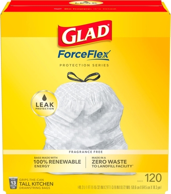 ForceFlex Tall Kitchen Drawstring Trash Bags, 13 Gal, Unscented, 120 Ct (Packaging May Vary)