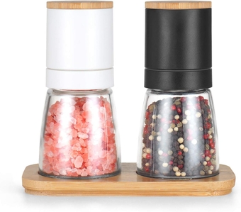 VUCCHINI Salt and Black Pepper Grinder Set - Bamboo Lid and Wood Stand Refillable Sea Salt Grinder Shaker Mills (black and white)