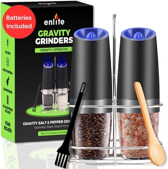 (2 Pack) Gravity Electric Salt and Pepper Grinder Set Automatic Salt and Pepper Grinder Set Batteries Included, Adjustable with Blue LED Light, Stainless Steel Stand, Wooden Spoon and Cleaning Brush