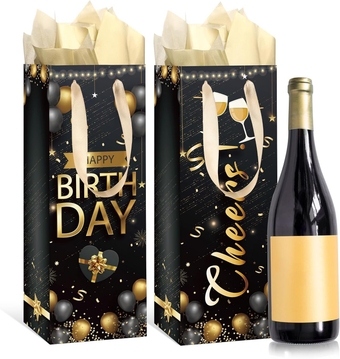 Wine Birthday Gift Bag Gold Black Happy Birthday Party Favors Decorations, Bottle Liquor Gift Bag with Tissue Wrapping Paper Handle for Women Men Birthday Anniversary Party Gifts Supplies Decor