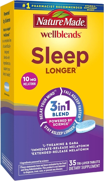 Wellblends Sleep Longer, Melatonin 10mg, L theanine 100 mg, and GABA 100mg, Sleep Supplement, 35 Tri-Layer Tablets
