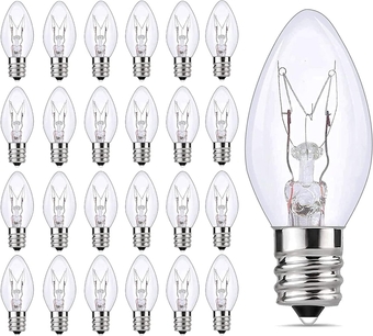 SkrLights 25 Pack C7 Clear Bulbs Christmas Light Bulbs C7 Outdoor String Light Replacement Bulbs, C7/E12 Candelabra Base, 5 Watt-Clear