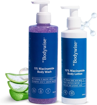 Be Bodywise Niacinamide Power Kit With 5% Niacinamide Body Wash 250ml 10% Niacinamide Body Lotion 200ml | Deep Cleanses Exfoliates Skin For Glowing, Radiant & Even-Toned Skin Paraben & SLS Free