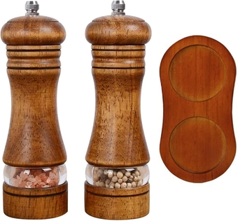 Salt and Pepper Grinder Set, 2Pcs Oak Pepper Grinder with Stand 6 Inches Adjustable Ceramic Grinder Wooden Pepper Mill Salt Grinder Kit Manual Mills for Home Restaurant kitchen Use (A)