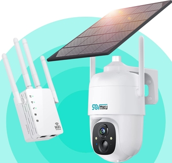 1200mbps Wi-Fi Repeater and CQ1 Solar Powered Wireless Security Camera Outdoor, Camera for Home Security 2 Megapixels 360° PTZ Surveillance Camera with 2 Way Audio Spotlights Color Night Vision