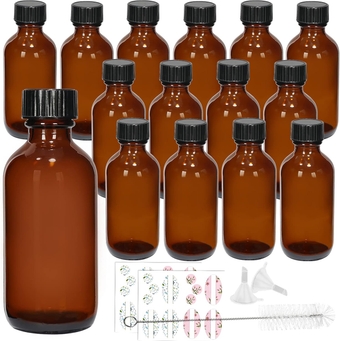 15 Pack Glass Amber Boston Bottles with Black Poly Cone Cap, 2 oz Round Glass Bottle for Essential Oil, Perfume and Liquid, Contains 24 Colored Labels, 2 Funnels, 1 Brush