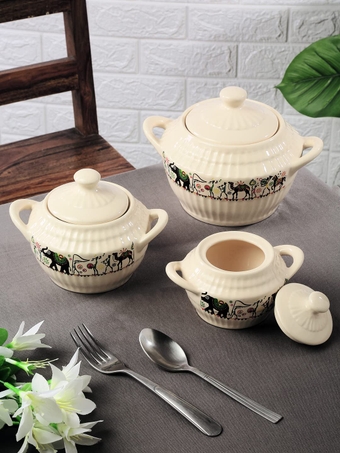"Traces of the Ancient" Handcrafted Ceramic Serving Donga Set with Lid Dinner Serving Casserole Set Serving Set Stackable Bowl Set with Lid (Set of 3)