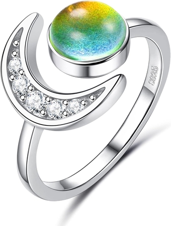 925 Sterling Silver Mood Ring Moon Star Open Adjustable Rings for Women 18K White Gold Plated Color Changing Mood Rings Temperature-Control Rings Star and Moon Rings Statement Jewelry