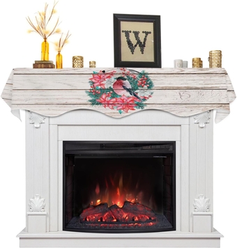 Christmas Mantel Scarf for Fireplace,Watercolor Robin Bird Berry Poinsettia Mantel Shelf Top Scarves Runner Mantel Cover Fireplace Decoration for Home Room Holiday,Vintage Rustic Wooden Board
