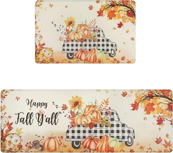 Fall Kitchen Rugs Set of 2 Farmhouse Kitchen Floor Mats Non Slip Waterproof Comfort Standing Mats for Kitchen Office Thanksgiving Halloween Harvest, 17”x28”+17”x47”