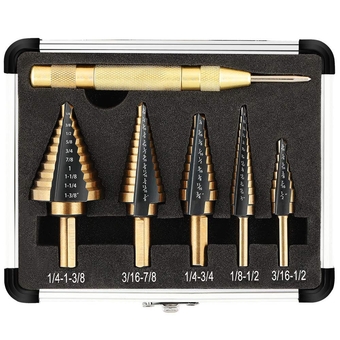 5Pcs Hss Step Drill Bit & Automatic Center Punch,High Speed Steel Drill Bit Set(Black)