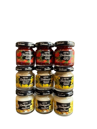 Travel Condiments Miniature Deluxe Glass Jars: Dickinson's Ketchup 1.4 oz Stone Ground Mustard 1.4 oz Mayonnaise 1.2 oz 3 Jars Each 9 Jars Total