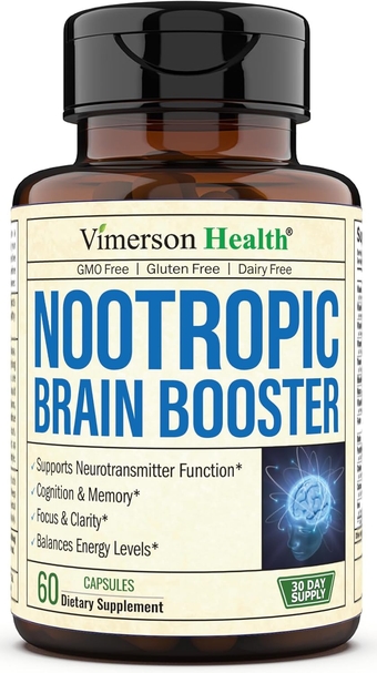 Nootropics Brain Support Supplement - Nootropic Brain Booster for Improved Focus, Concentration & Memory. Brain Nootropic for Brain , Mood & Energy Support. Non-GMO. Made in the USA. 60 Capsules