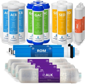 Express Water – 2 Years Alkaline Reverse Osmosis System Replacement Filter Set – 20 Filters with 100 GPD RO Membrane – 10 inch Size Water Filters