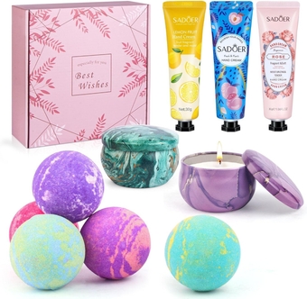 Bath Bombs Gift, Bomb Gift Set for Women, 5 Color Large Bubble Bathbombs with 2pcs Scented Candle, 3 Hand Cream, Spa for Moisturizing Skin, Idea Valentine's, Birthday Gifts for Wife Mothers Kids