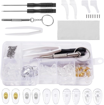 Eye Glass Repair Kit with Screws, 25Pairs Eyeglass Nose Pads Replacement Repair Tools Kit, Include Nose Pads, Precision Screwdriver Set, Screws, Tweezer, Ear Hooks, Cleaning Cloth