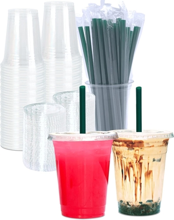 [50 SETS] 16 oz Clear Plastic Cups with Lids and STRAWS, Disposable Drinking Cups for Cold Drinks, Iced Coffee, Milkshakes, Smoothies