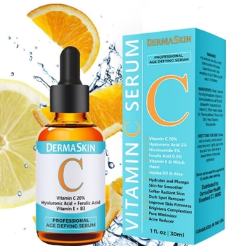 Vitamin C Serum 20% with Hyaluronic & Ferulic Acid - Anti-Aging Facial Serum for Dark Spots, Pore Minimization & Acne Scars, Hydrating (1oz / 30ml)